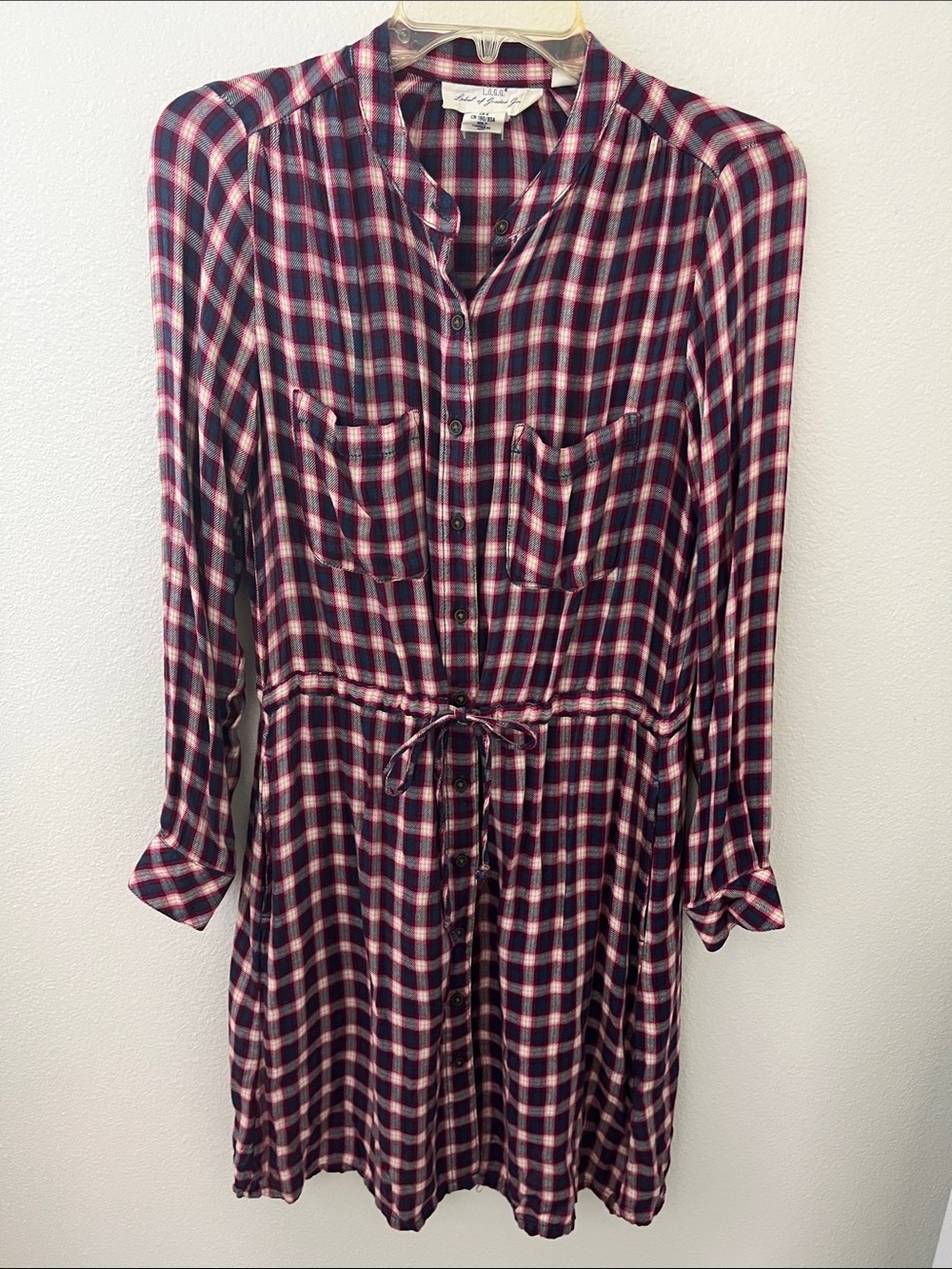 H&M Navy and Dark Pink Plaid Long-Sleeve Shirt Dress